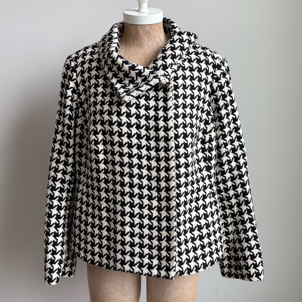 Talbots Houndstooth Wool-Blend Asymmetrical Zip Moto-Style Jacket Size 14WP - Picture 2 of 10